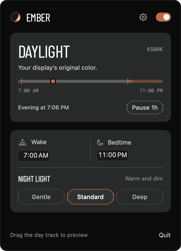 Ember’s Mac menu bar panel showing a night-light preview at 1800K, wake and bedtime controls, three night strengths, and a settings button for sun times, True color apps, and Open at login.